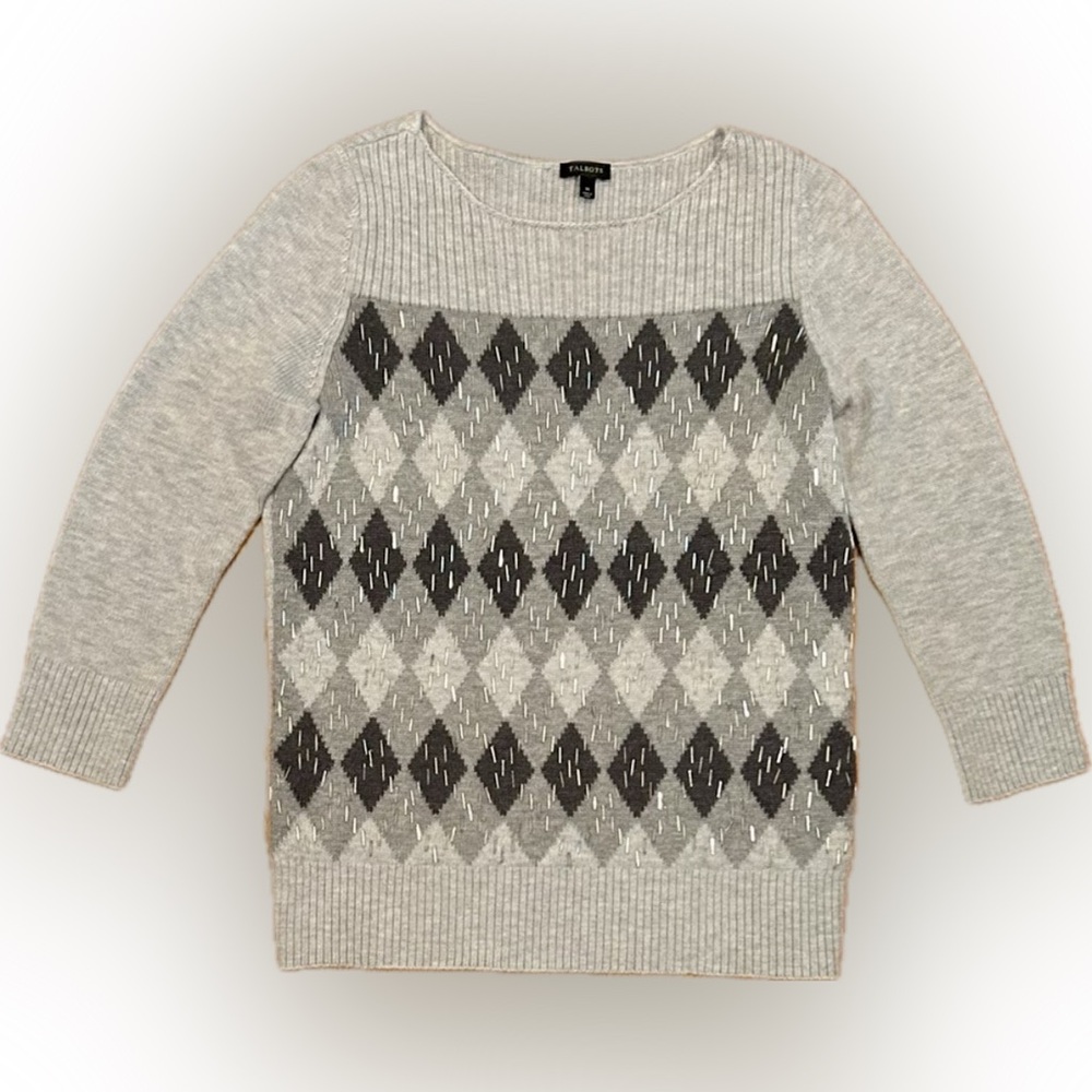 Talbots Light Gray Argyle Crew Neck Sweater
